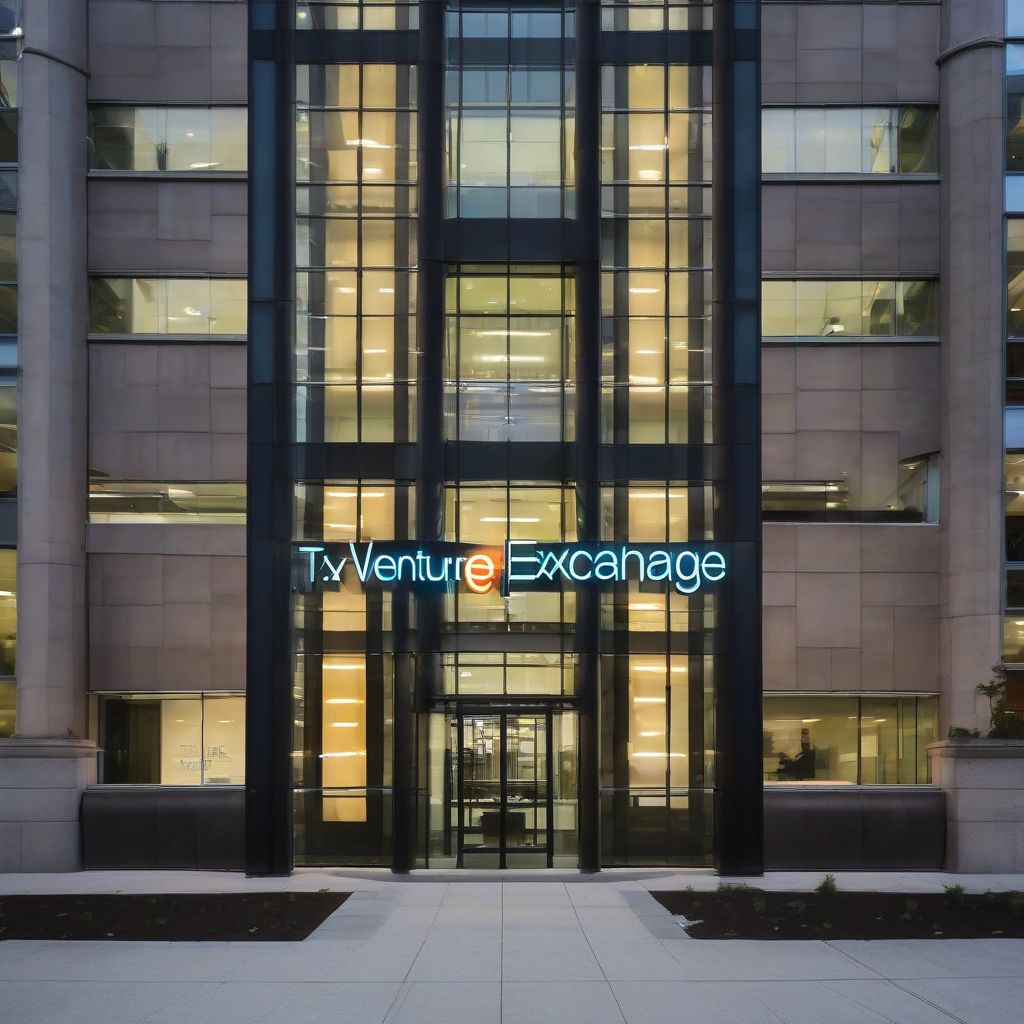 modern building with the TSX Venture Exchange logo